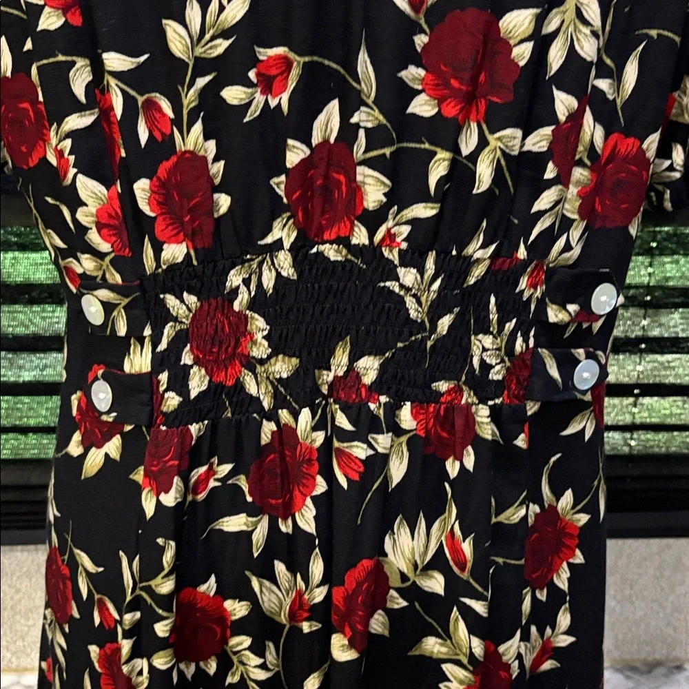 BETSY LAUREN Women Black w‎ Rose Floral Print Button Front 90’s Maxi Dress SZ 10